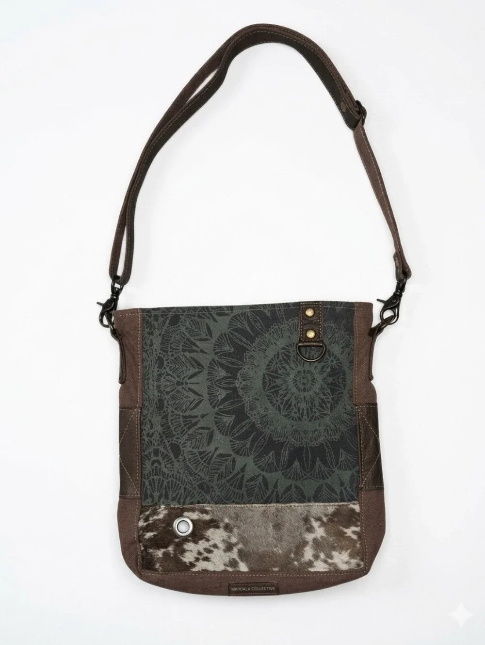 Myra Bag Verdant Upcycled Canvas & Cowhide Leather  Boho Mandala Crossbody